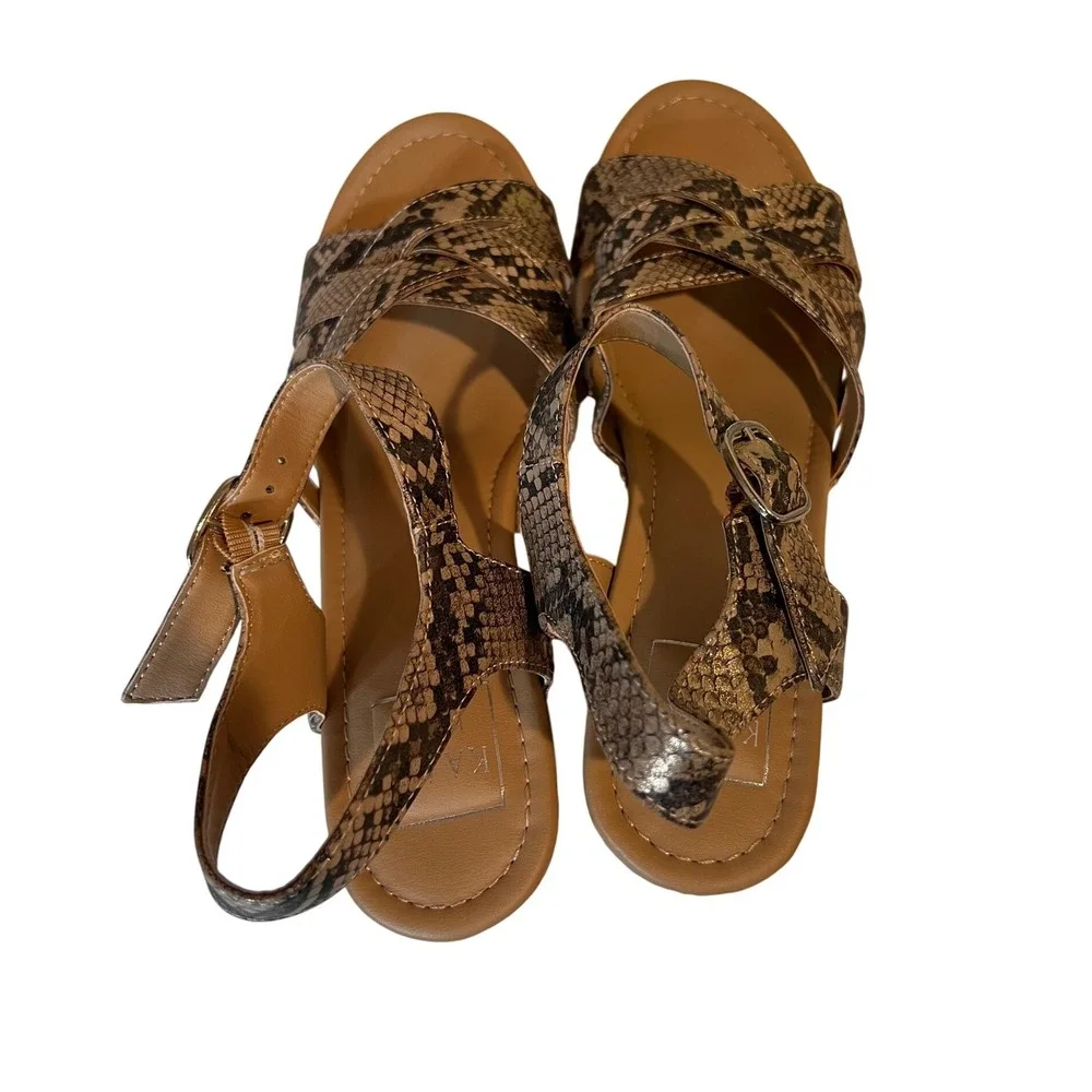 kaari blue‎ Women's Snake Print Platform Wedge Sandals Wood Heel; Ankle Strap